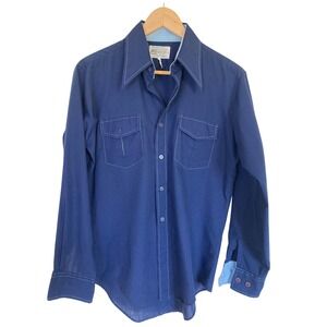 Vintage 70s Kmart Permanent Press Navy Blue Contrast Stitch‎ Point Collar Shirt